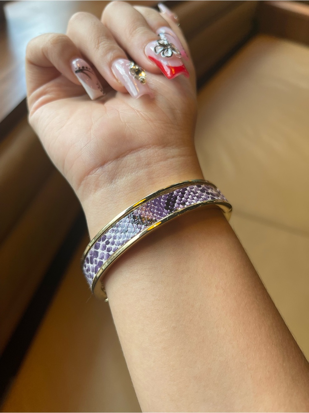 Gold-Trim Purple Snake-Print Bangle Bracelet